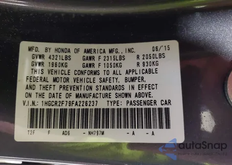 2015 Honda Accord Ex из США, поврежденный, VIN 1HGCR2F79FA226237